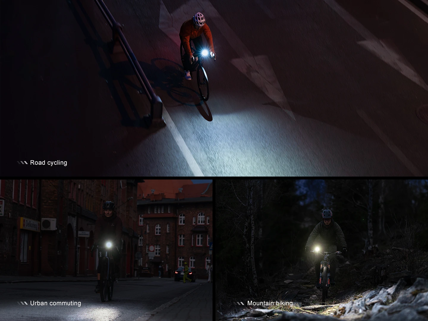 Aerial view of a cyclist in an orange jacket wearing a helmet riding a dark street at night, front light casting a beam — Road cycling