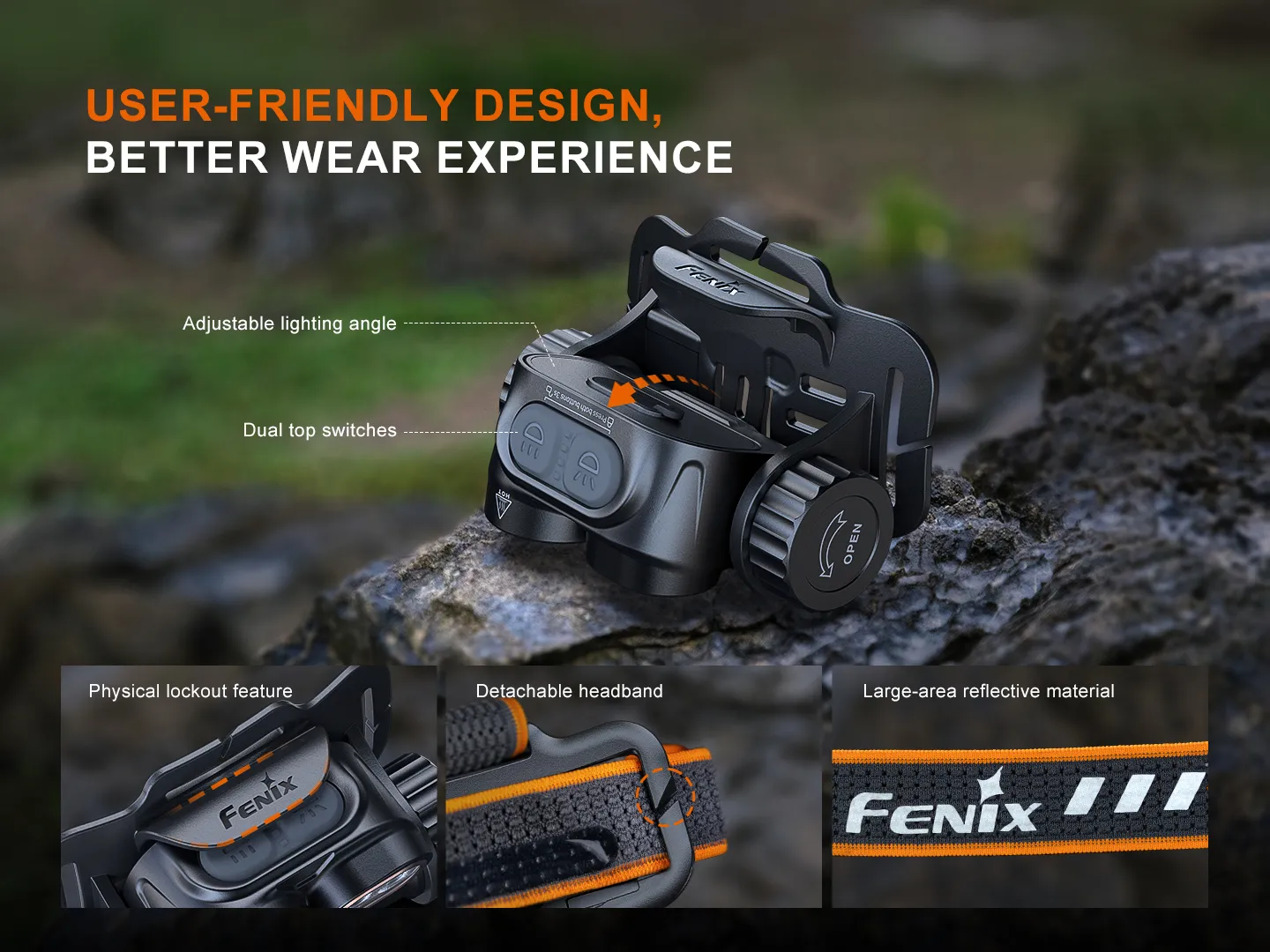 Headlamp on a rocky surface with adjustable angle and dual top switches; callouts highlight lockout, detachable headband, and reflective strap features.