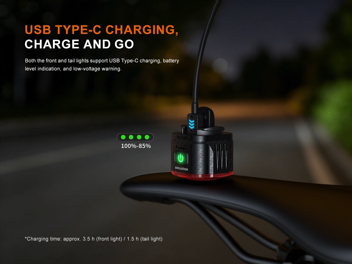USB Type-C charging device mounted on a bicycle handlebar, showing green battery indicators and a power button, with the headline 'USB TYPE-C CHARGING, CHARGE AND GO'.