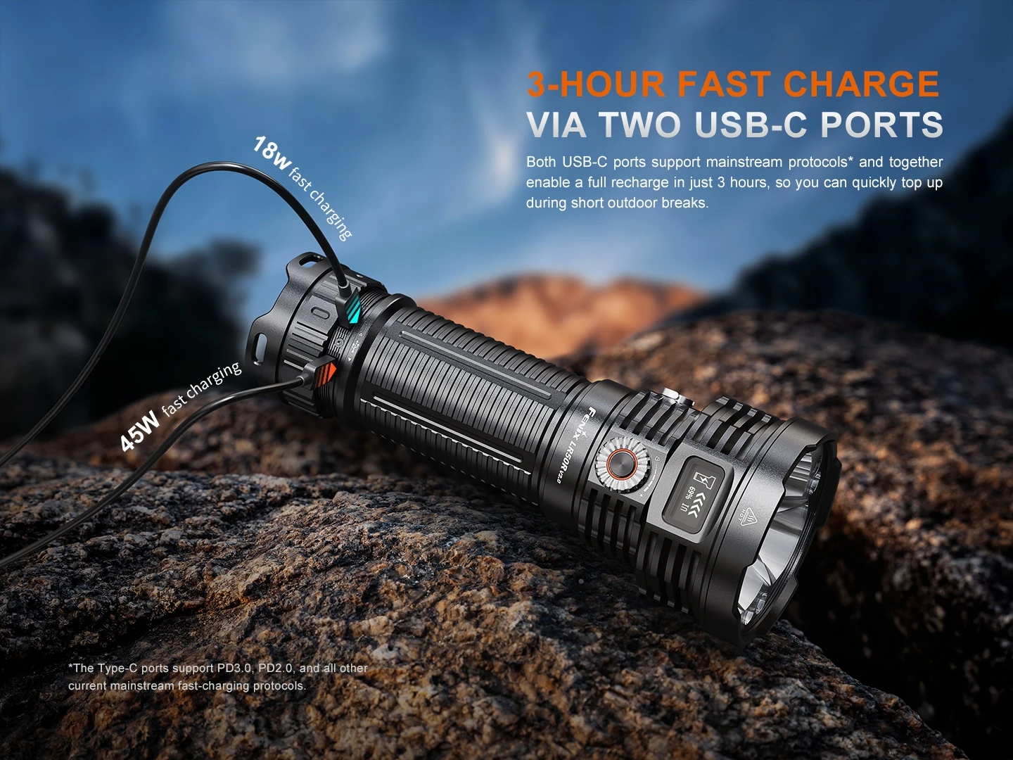 Rugged flashlight on a rock with two USB-C fast-charging cables labeled 18W and 45W (dual-port charging).