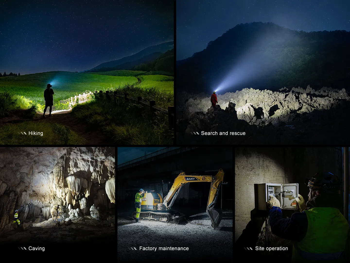 Collage showing safety roles: night hiking with headlamp in a green field (top left).