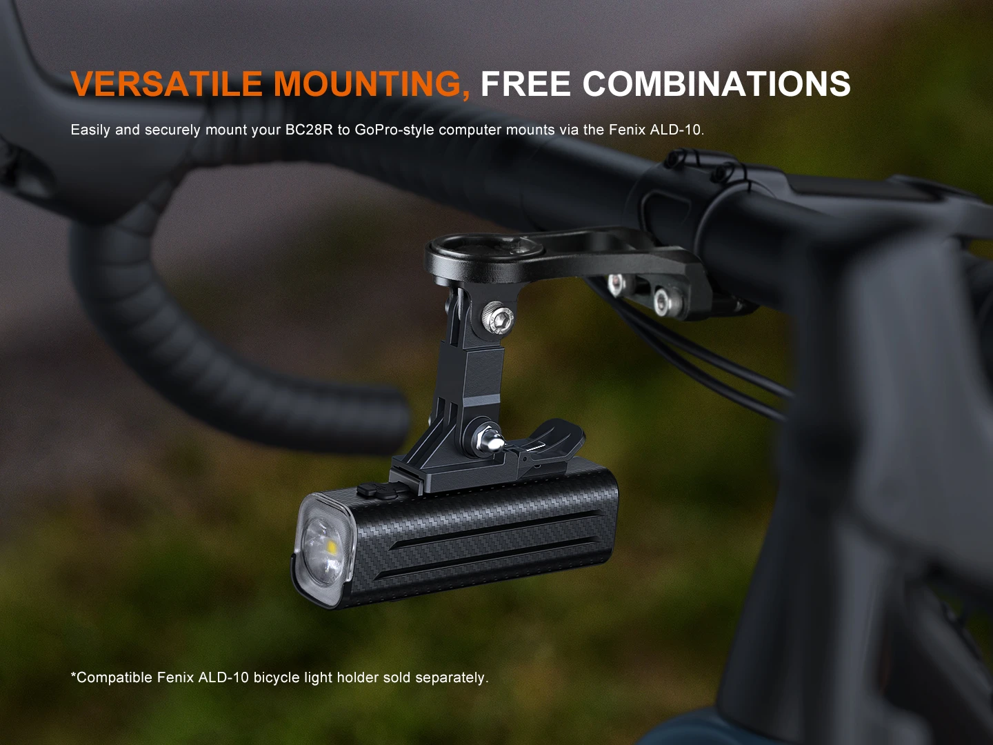 Bike front light mounted on handlebars using a versatile GoPro-style mount with an adjustable hinge and screws visible for secure attachment.