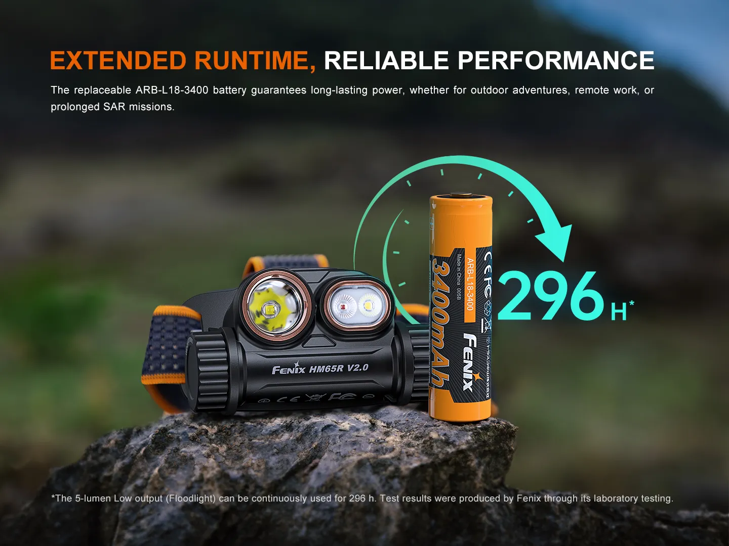 Headlamp and orange battery on a rock, highlighting long runtime (296 h) with the text 'Extended Runtime, Reliable Performance'.