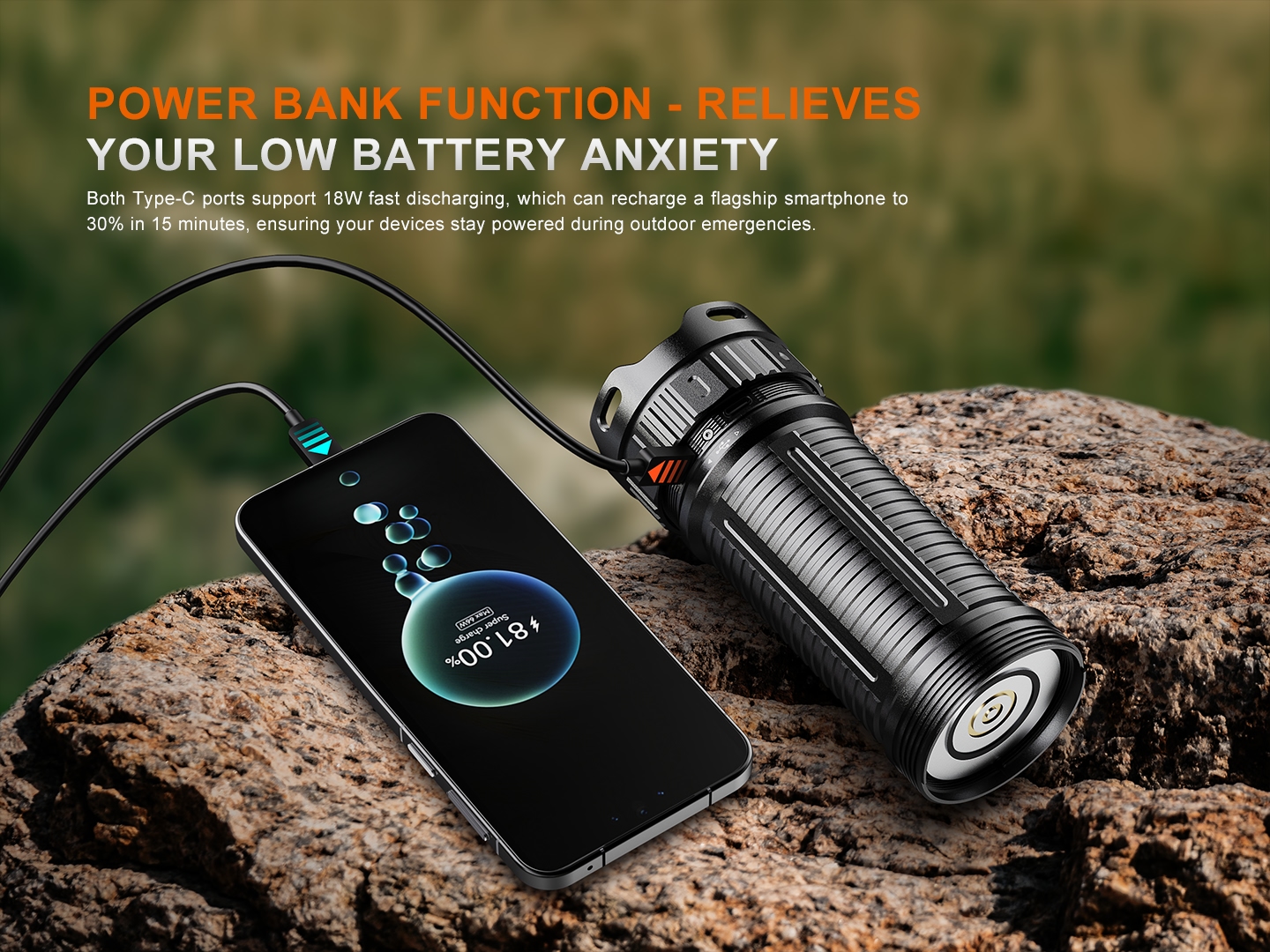 Rugged power bank connected to a smartphone for outdoor charging on a rocky surface.