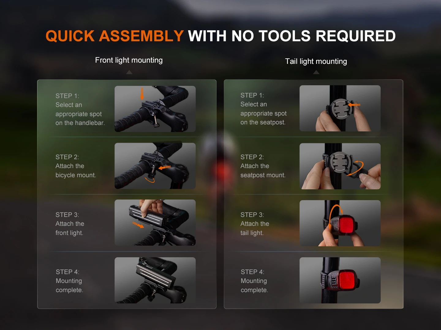 Tool-free bike light mounting guide with front and rear panels, showing four steps for each side.
