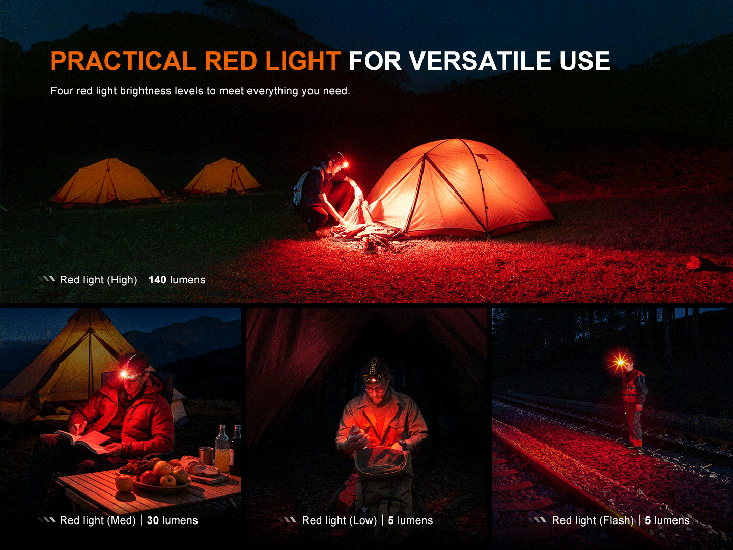 Night campsite with orange tents glowing under red light, a camper tending a small campfire near a tent.