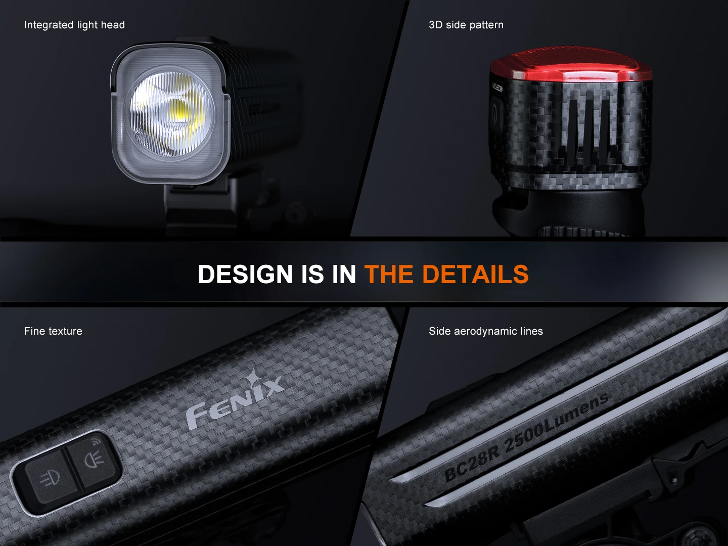 Product montage highlighting features: integrated light head, 3D side pattern, fine texture, and side aerodynamic lines with the slogan 'DESIGN IS IN THE DETAIL.'
