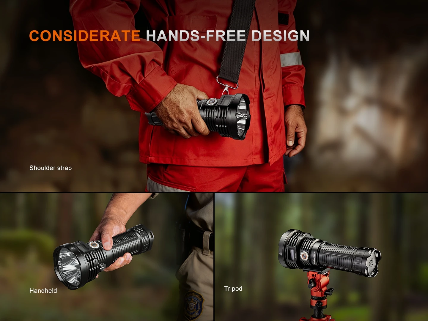 Product collage of a black flashlight in three configurations—shoulder strap, handheld, and tripod—highlighting a hands-free design.
