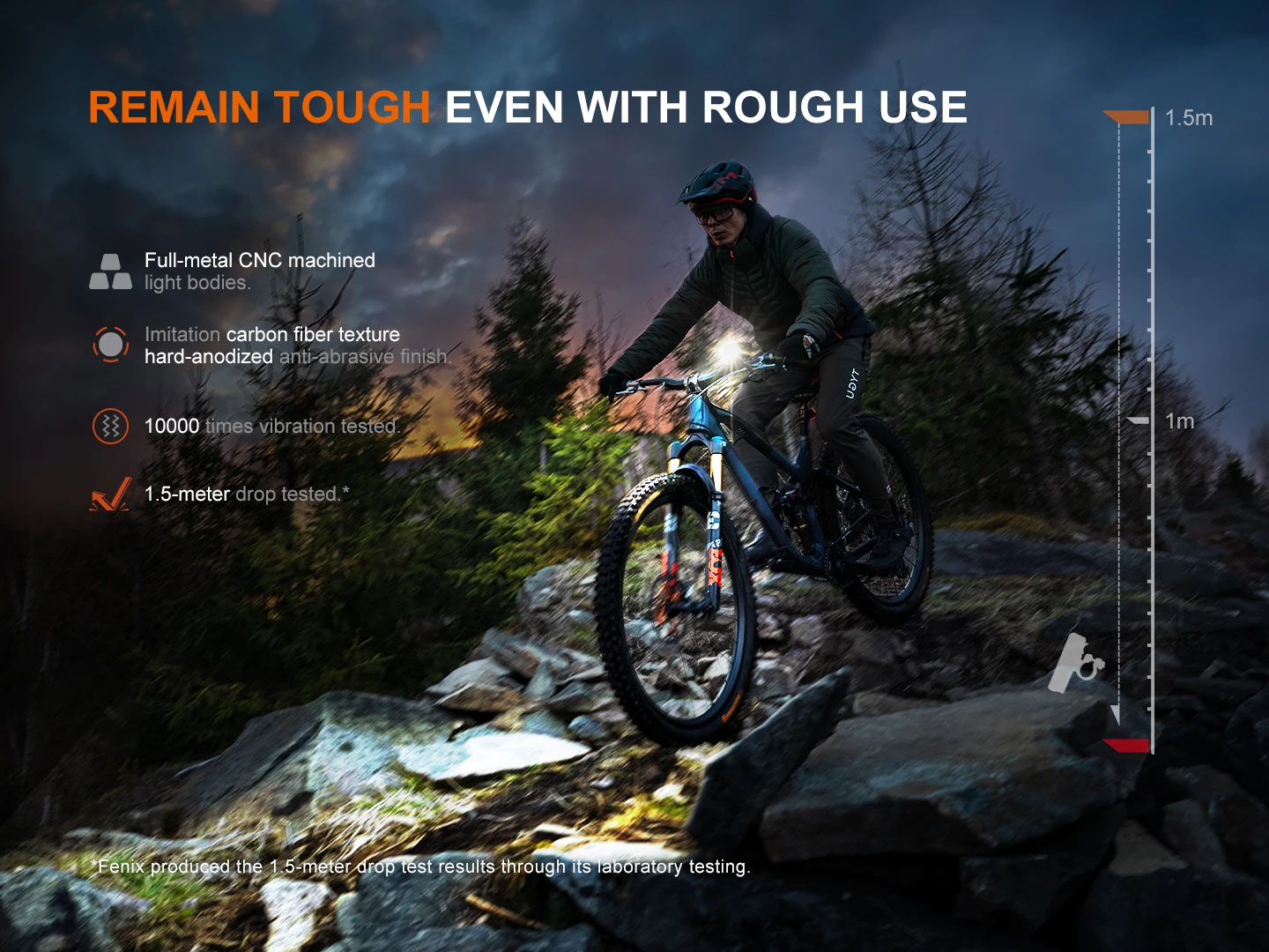 Mountain biker on a rocky trail at dusk with durability features listed on the left side.