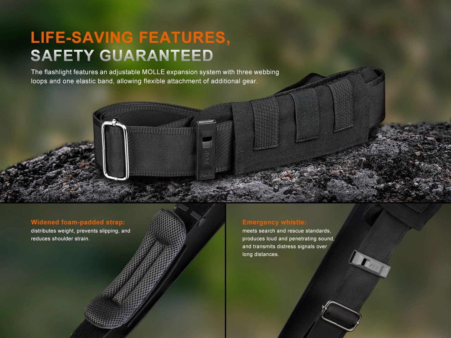 Hybrid safety belt for outdoor rescue gear with MOLLE expansion and SOS buckle on rugged terrain backdrop. Top banner reads: Life-saving features, safety guaranteed, highlighting a modular belt with attachment options.