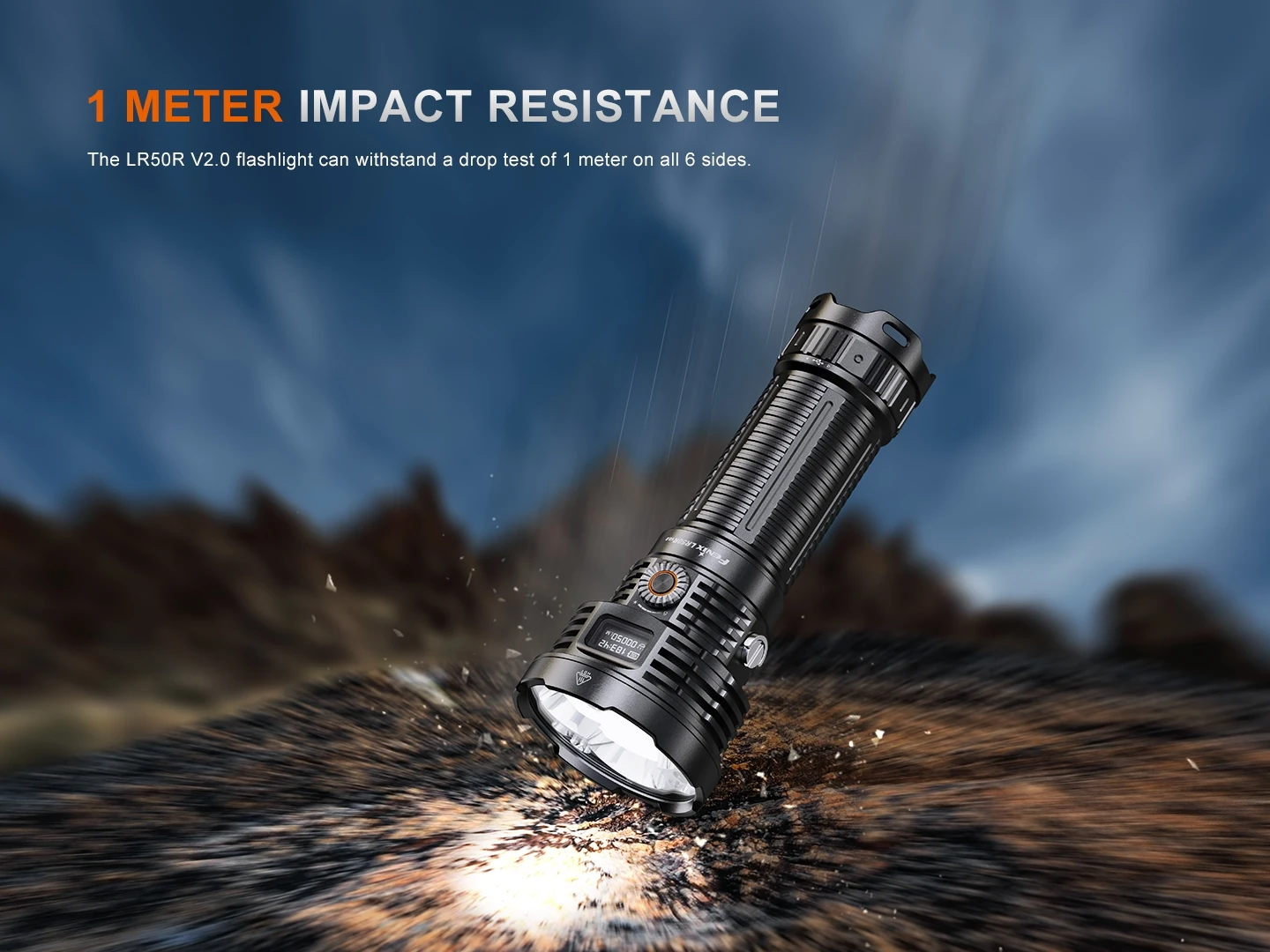 LR50R V2.0 flashlight striking the ground, illustrating 1-meter impact resistance.