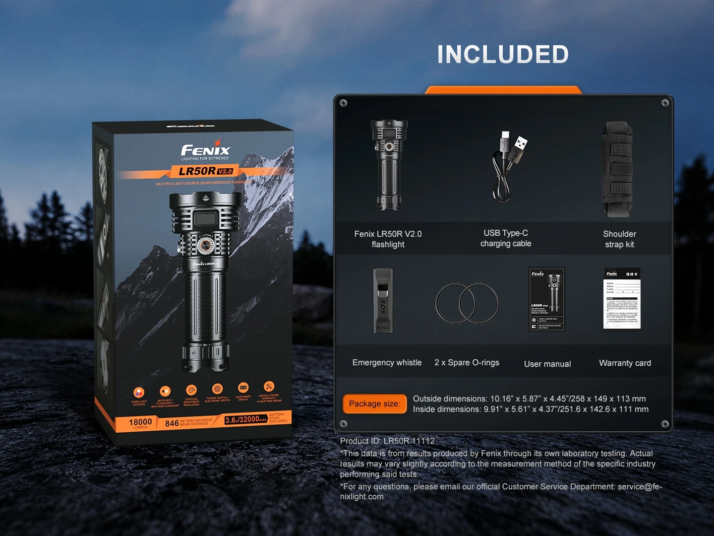 Boxed Fenix LR50R V2.0 flashlight with a right-side accessories infographic showing USB-C cable, shoulder strap, O-rings, manual, and warranty card on a dark outdoor backdrop.
