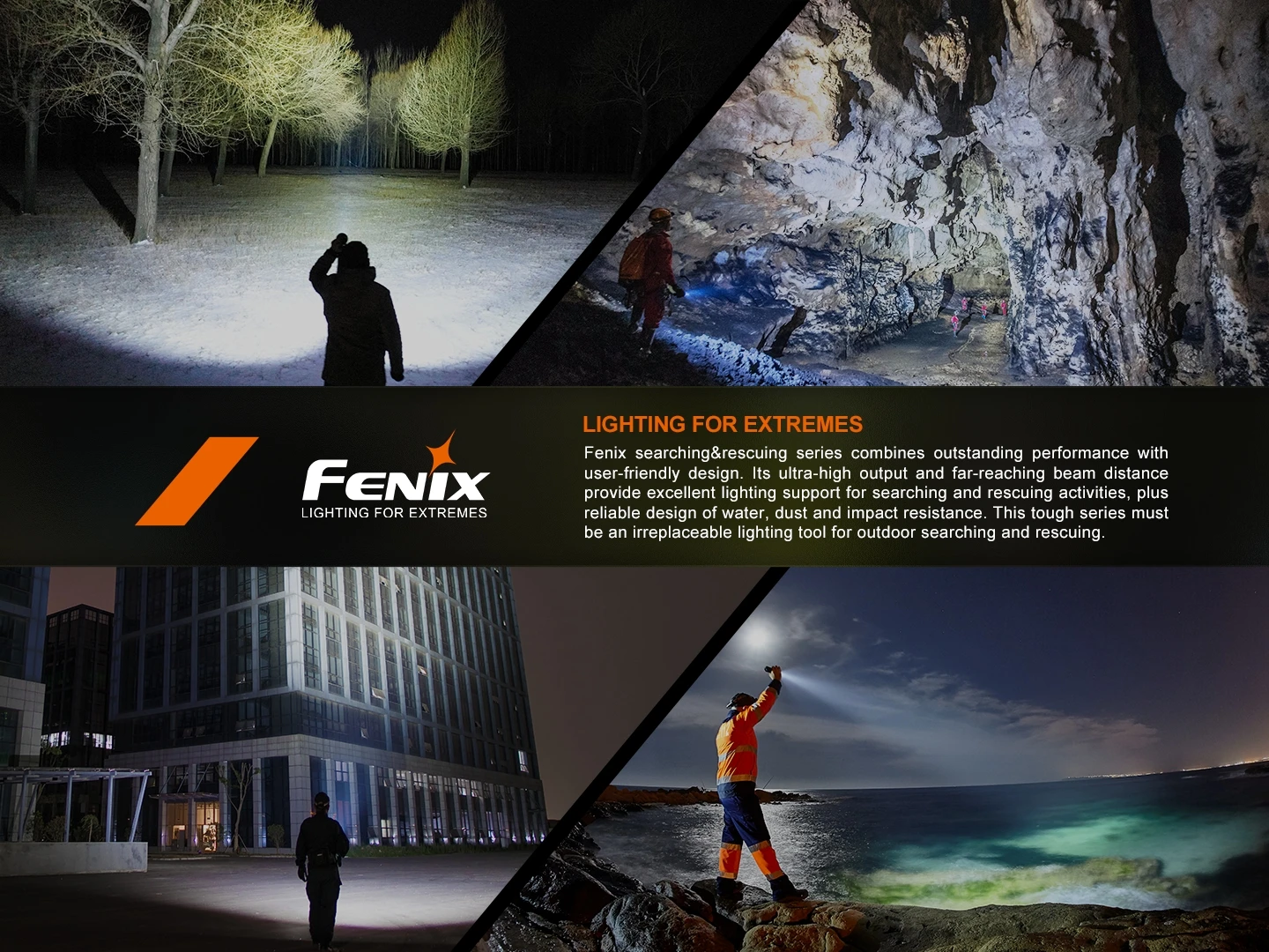 Promotional banner for Fenix Lighting showing four extreme environments (snowy forest, cave, city at night, coastal scene) with the 'Lighting for Extremes' logo and text.