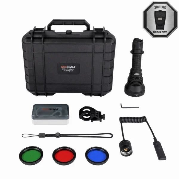 Acebeam hunting kit: hard-shell case with flashlight and accessories, plus color lens filters (green, red, blue), remote switch, lanyard, and spare parts.