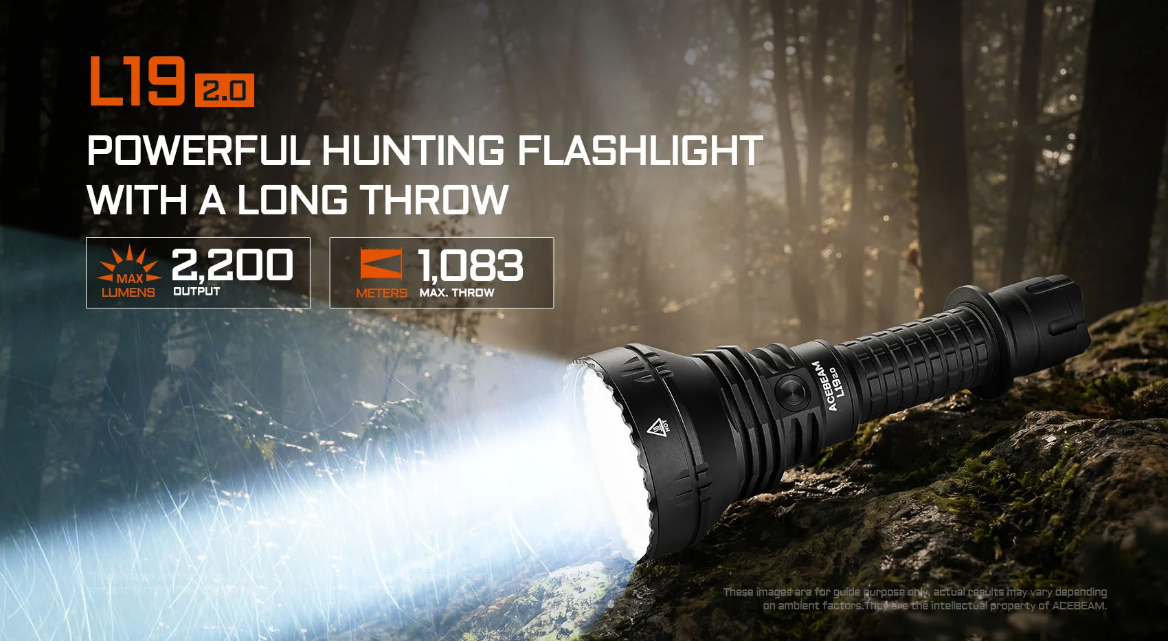 Banner ad for the L19 2.0 hunting flashlight, beam cutting through a forest; highlights 2,200 lumens and 1,083 m throw.
