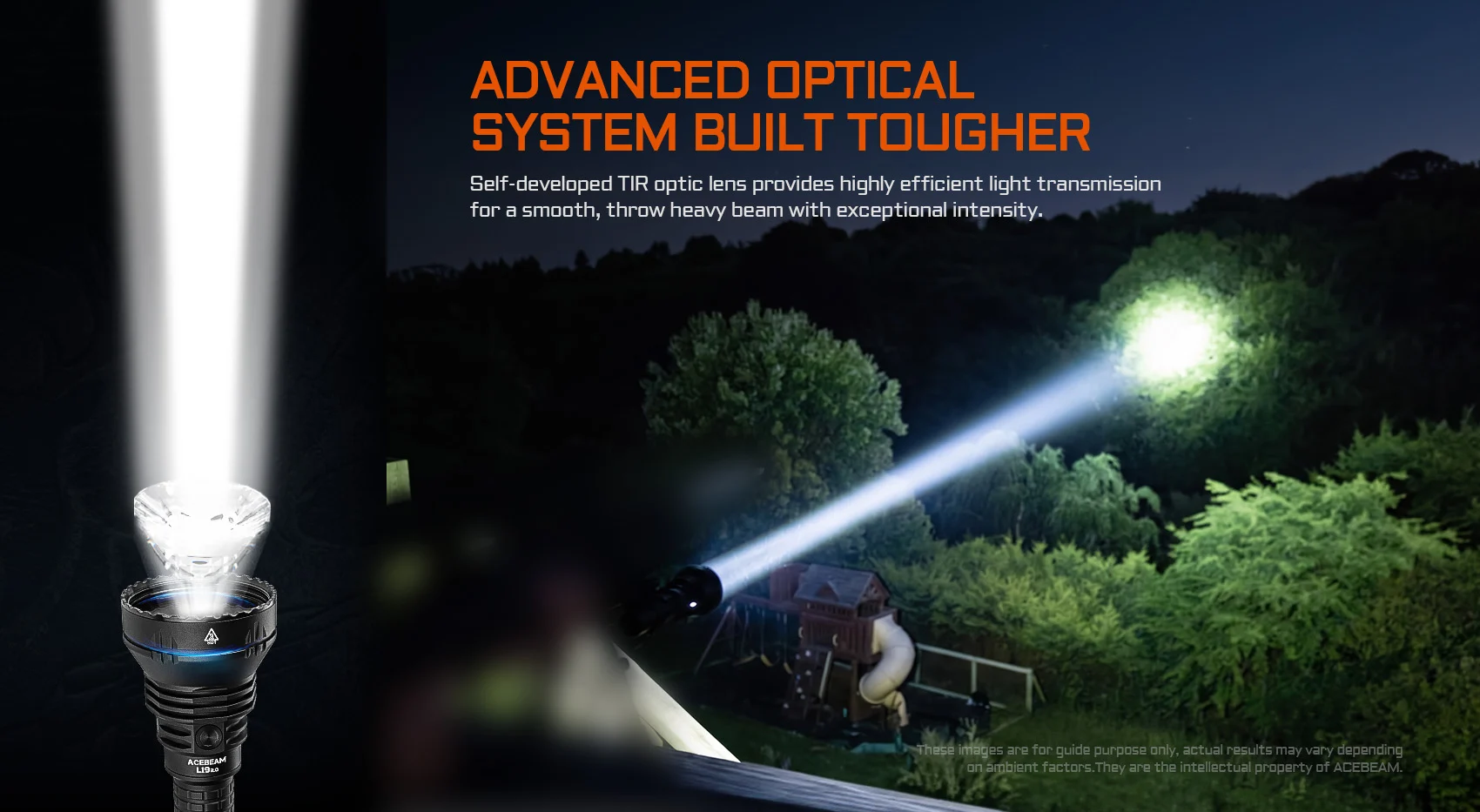 Promotional image of a flashlight projecting a bright beam at night, with an orange headline about an advanced optical system.
