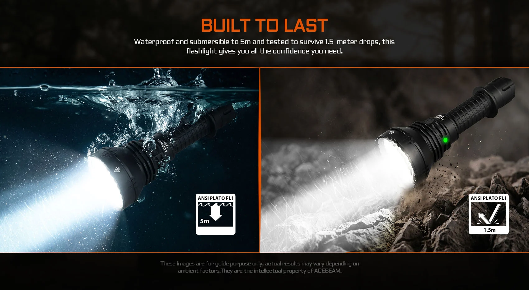 Banner showing a rugged flashlight: left panel underwater with bright beam; right panel on rocky ground with a lit beam and a green indicator, "BUILT TO LAST" header; icons show 5m water resistance and 1.5m drop test.