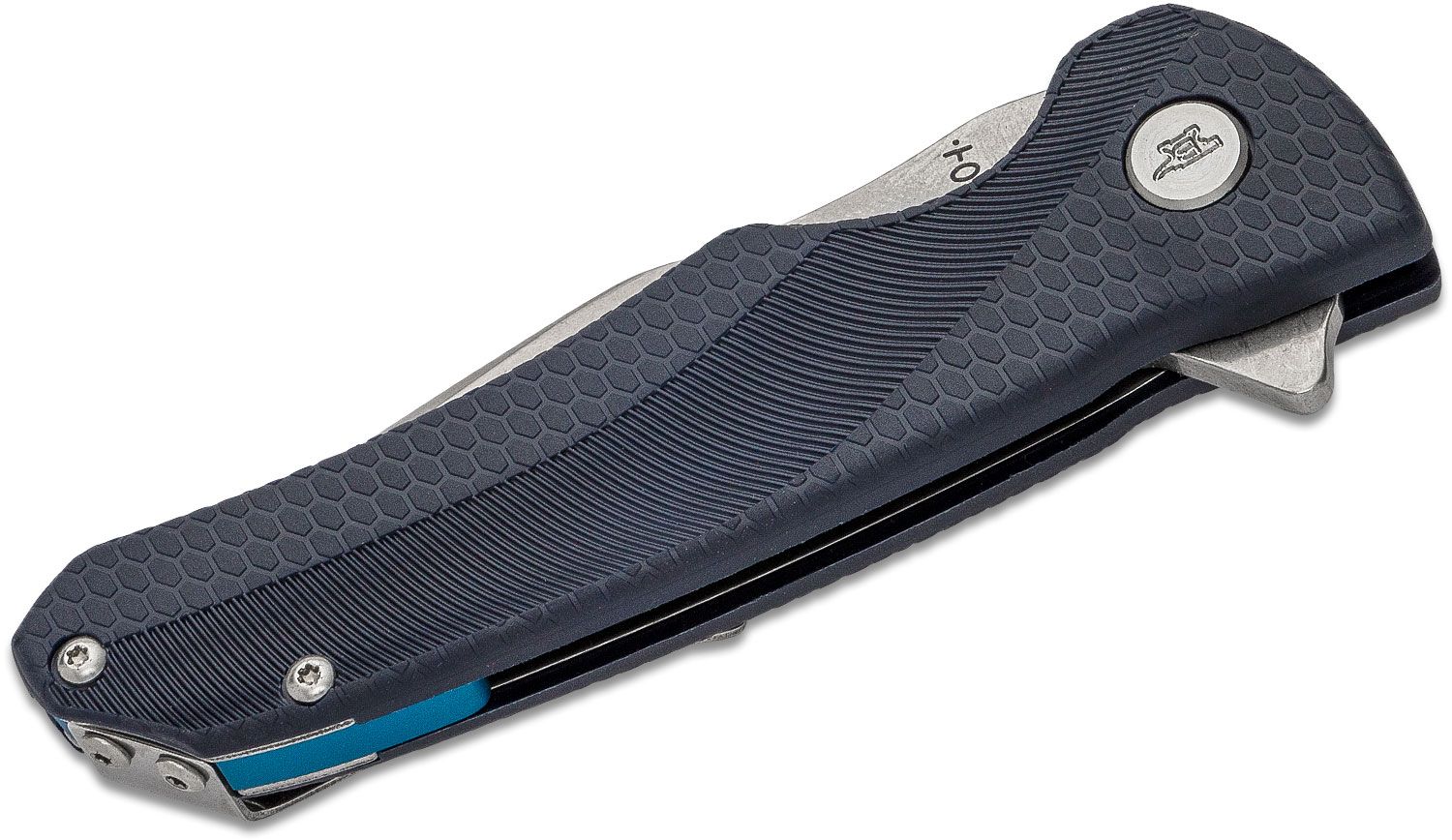 Closed folding knife with a dark hex-patterned handle and blue accent visible in the liner inside the blade pocket clip present.