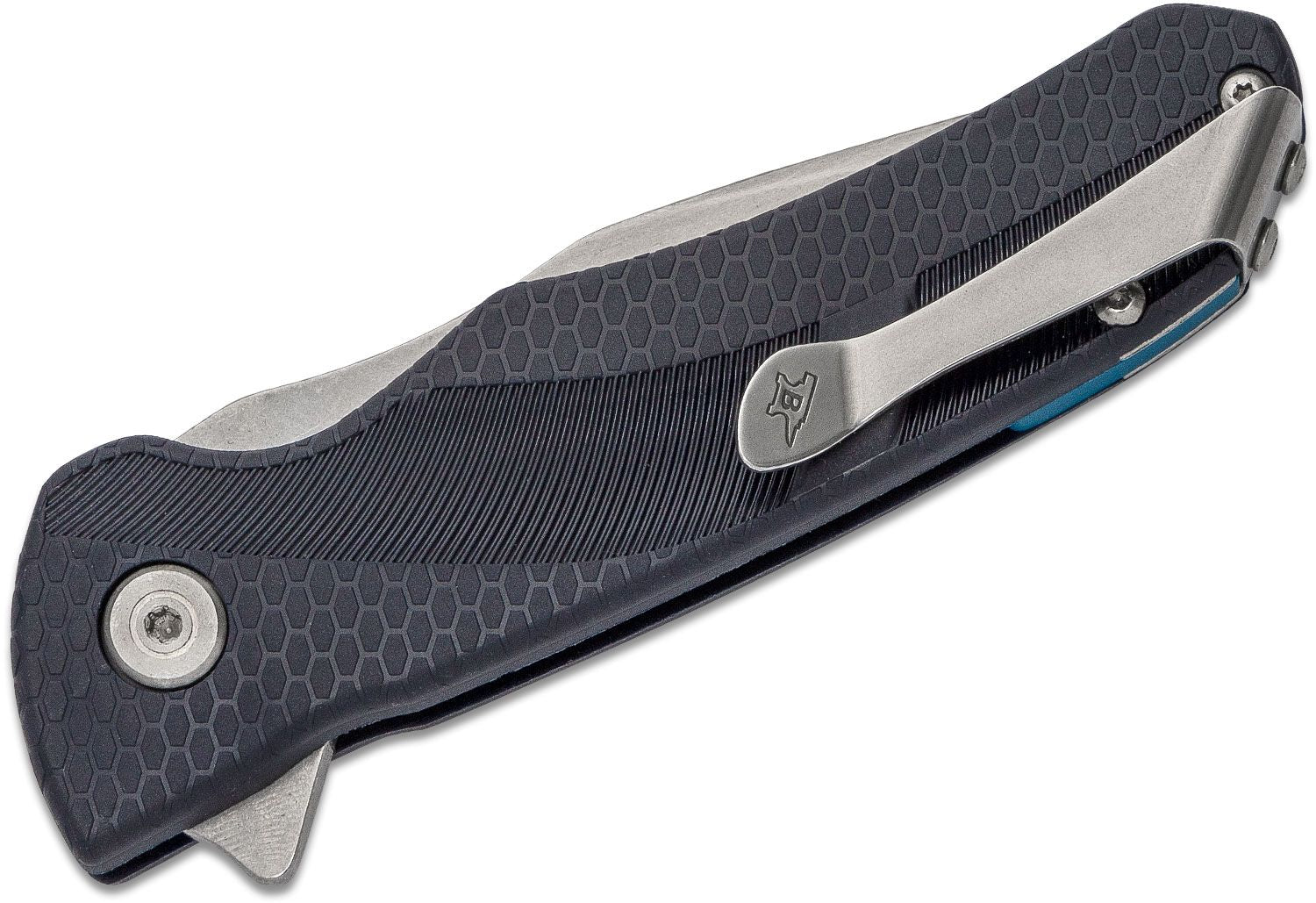 Closed folding knife with a hex-patterned dark handle and a metal pocket clip.