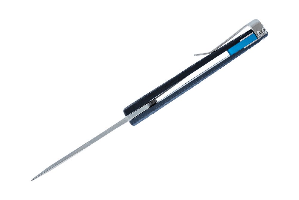 Disposable surgical scalpel with a long sharp blade, angled diagonally across a white background, blue handle visible.