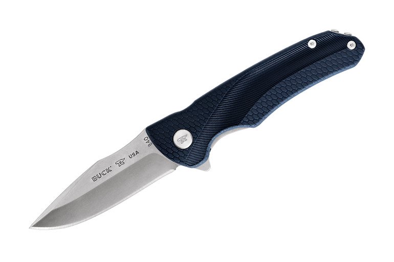 Blue textured-handle folding knife with a silver drop-point blade (Buck USA) on a white background