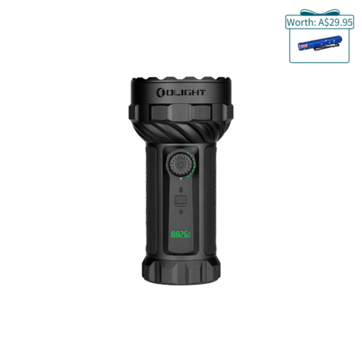Olight rugged tactical flashlight with a digital display and green indicators on a black body.
