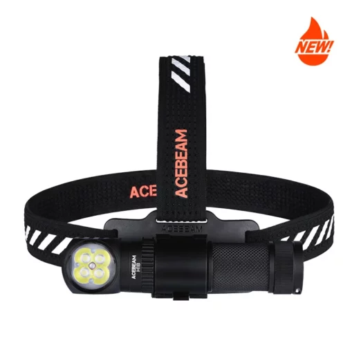 ACEBEAM headlamp with a four-LED front light on an adjustable black strap, marked NEW in orange badge to the right side of the image, hands-free outdoor lighting gear. (New) – concise product image alt text for accessibility and SEO purposes. (125 chars or less.)