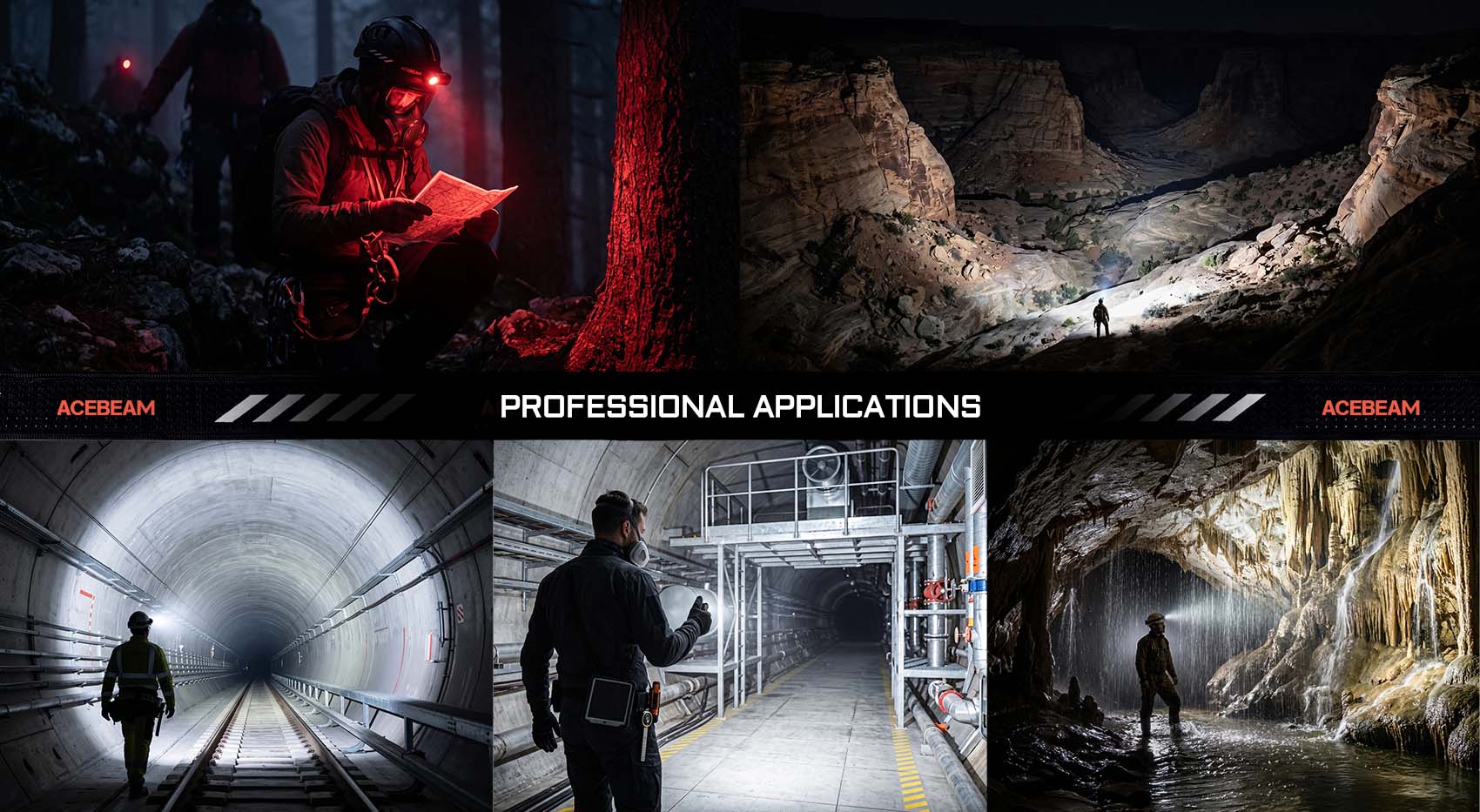 Collage of professionals using flashlights in a forest, canyon, subway tunnel, industrial plant, and cave for Acebeam's professional applications.