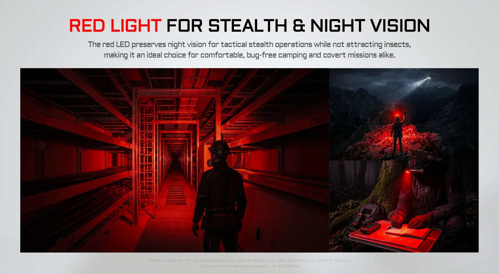 Banner showing red-light stealth: technician in a red-lit tunnel, climber signaling with a red light, and night-ops at a map.