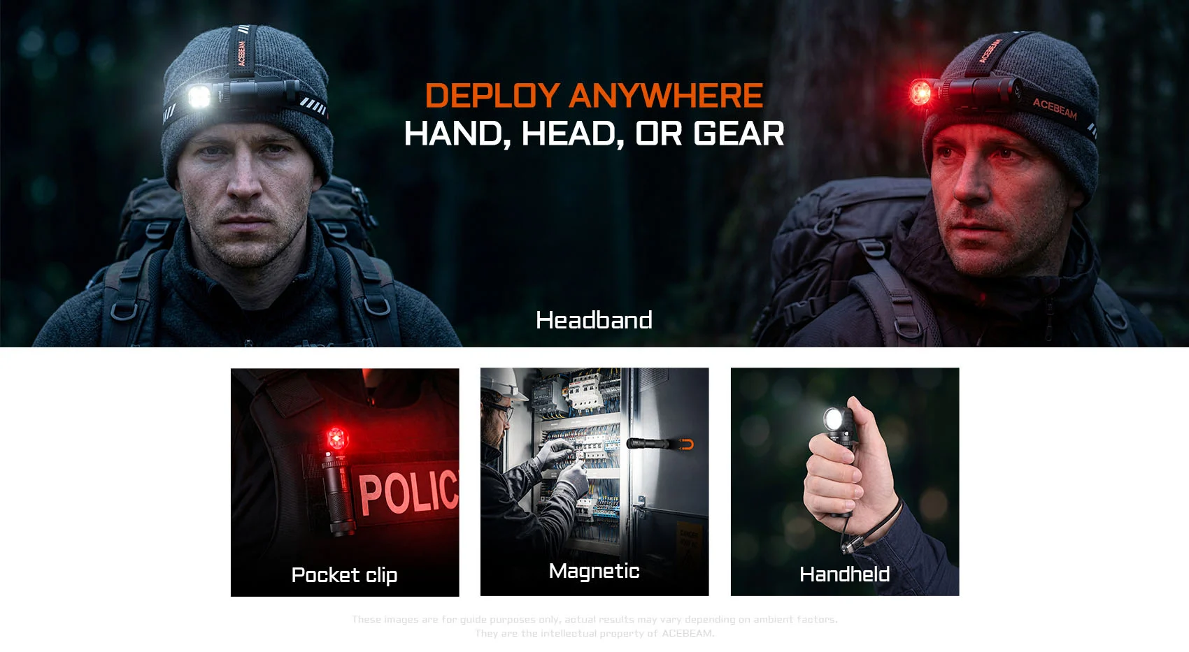 Hero banner promoting Acebeam headlamp accessories: two hikers with headlamps, headline 'Deploy Anywhere' and 'Headband'