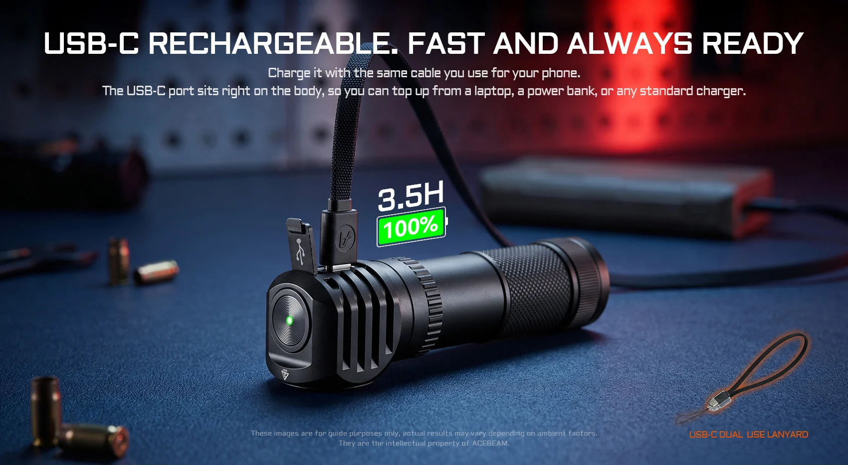 Rechargeable USB-C flashlight on a blue workbench, with a green 100% battery badge and 3.5H run-time label indicating full charge.