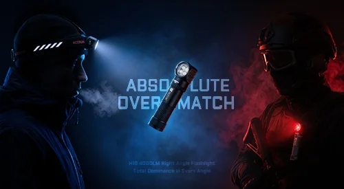 Two people in tactical gear face off in a dark scene with a handheld flashlight between them; blue and red lighting, and the words 'ABSOLUTE OVERMATCH' in the background.