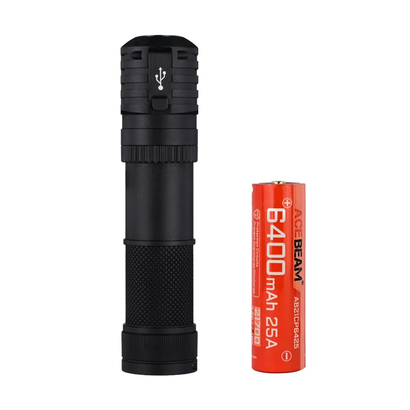Black tactical flashlight with knurled grip placed beside a red 6400 mAh 25A 18650 battery