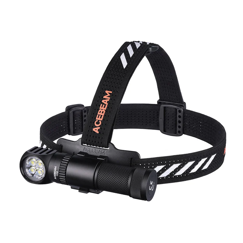 ACEBEAM headlamp with adjustable black strap and three-LED front light