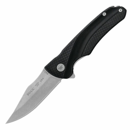 Black textured folding knife with a partially extended silver blade and textured handle