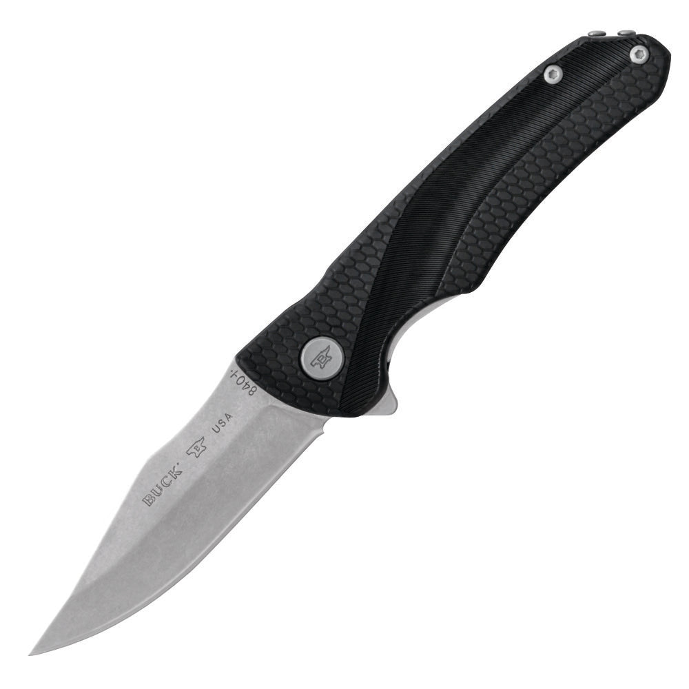 Black textured folding knife with a partially extended silver blade and textured handle