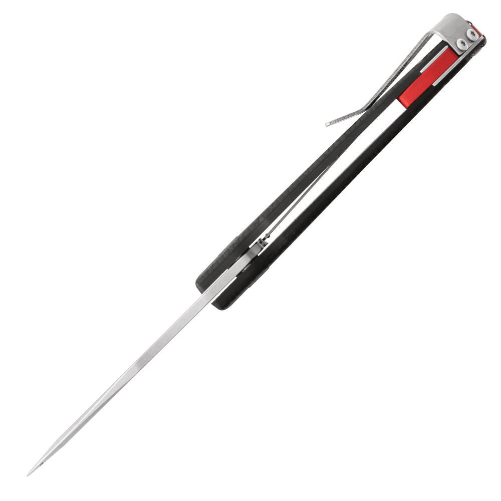 Retractable utility knife with extended silver blade and black/red grip