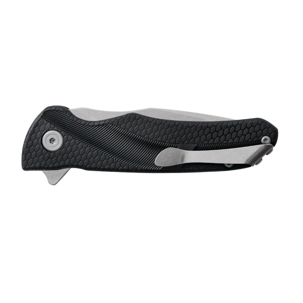 Closed folding knife with a black textured handle and metal pocket clip, viewed from the side on a white background.