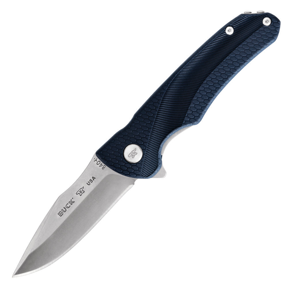 Blue textured folding knife with a stainless steel drop-point blade, open and ready to use