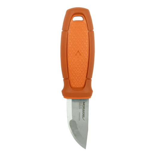 Orange-handled fixed-blade knife with textured grip and a partially visible stainless steel blade stamped 'Made in Sweden'