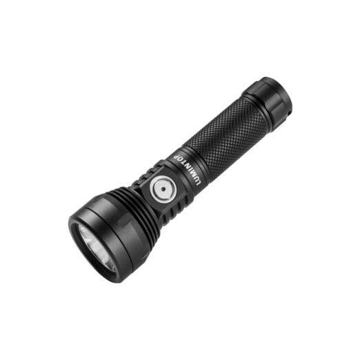 Black compact flashlight with knurled grip and side switch (tactical design)