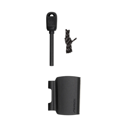 Close-up of a vertical black plastic mount with a rounded loop on top and a textured front, next to a striped braided cord on a black background.