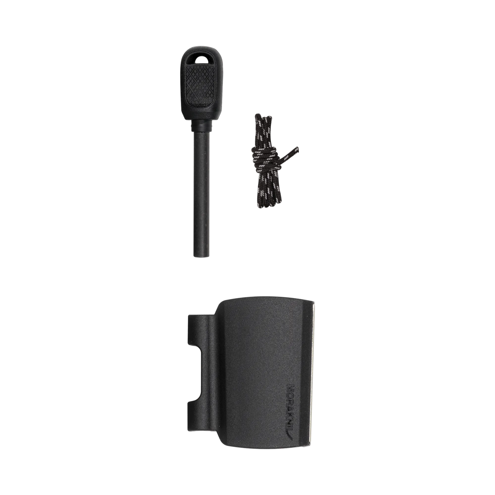 Close-up of a vertical black plastic mount with a rounded loop on top and a textured front, next to a striped braided cord on a black background.