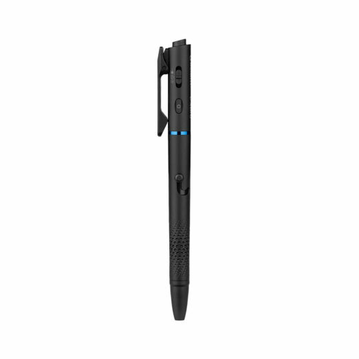 Pen-shaped black gadget with a clip and blue ring, shown in profile against a white background