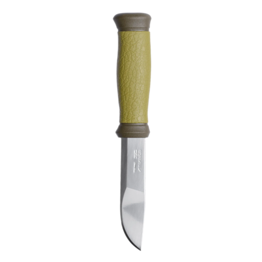 Close-up of a knife blade with an olive-green, textured handle and brown pommel (top of blade shown).