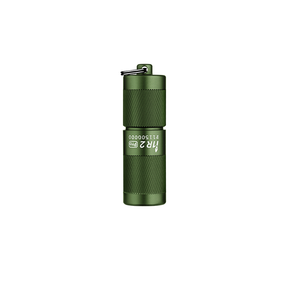 Small green tactical flashlight with textured grip and a key ring on top, standing upright on a white background.