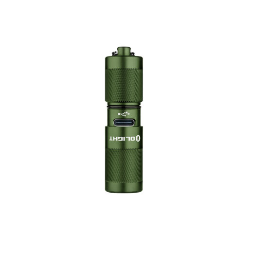 Compact green flashlight with knurled grip and a visible USB-C port.