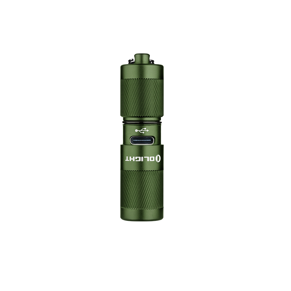 Compact green flashlight with knurled grip and a visible USB-C port.