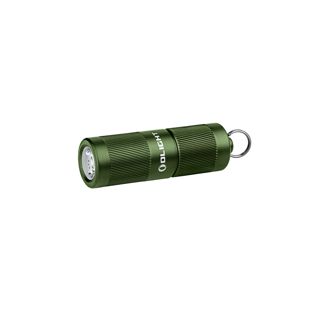 Compact green Olight flashlight with knurled grip and a metal keyring, oriented diagonally across white background.
