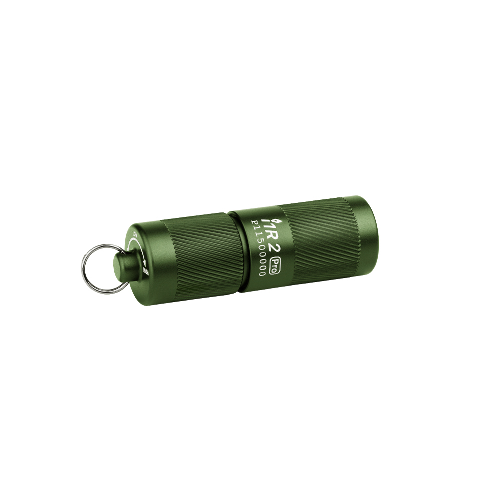Green compact LED flashlight with knurled body attached to a key ring, shown diagonally on a white background.